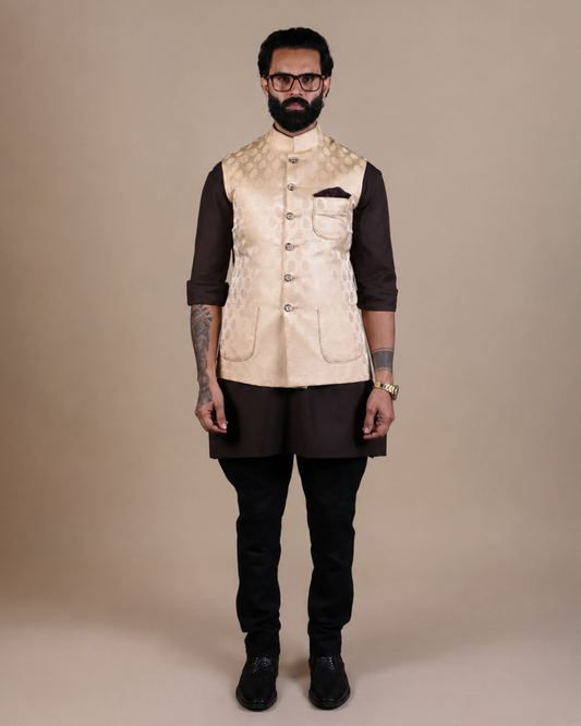 Golden Brocade Nehru Jacket Set