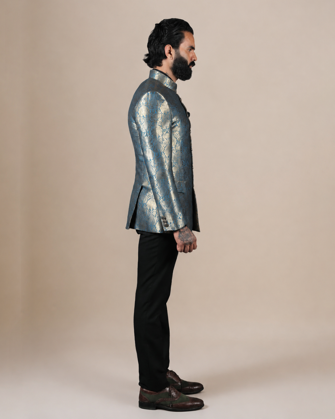 Blue & Gold Brocade Bandhgala Suit
