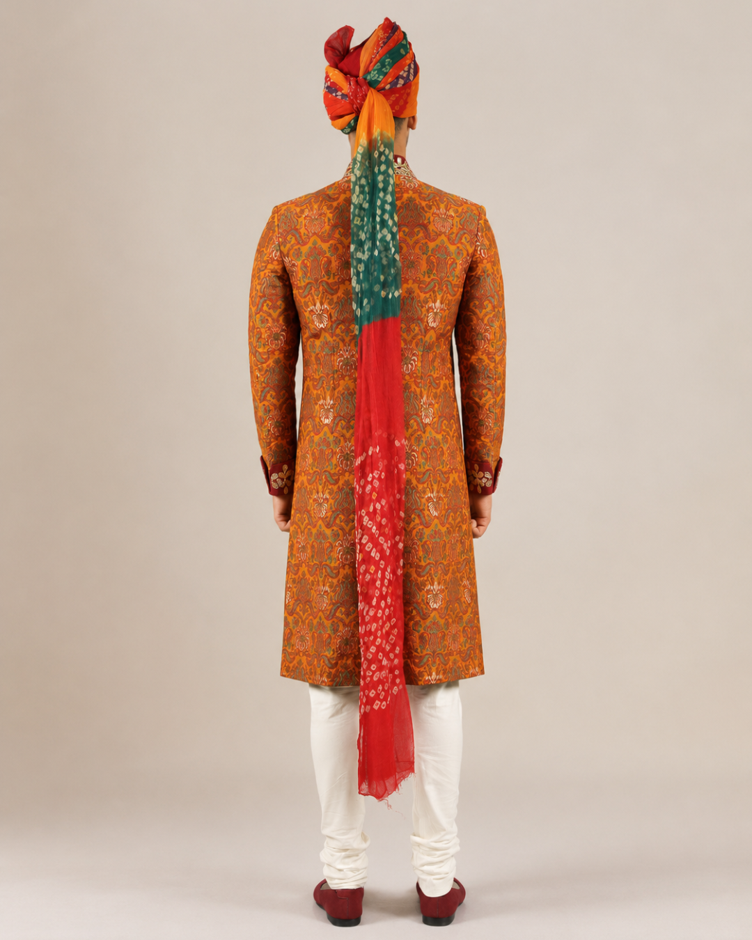 Orange Jacquard Silk Sherwani