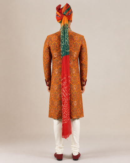 Orange Jacquard Silk Sherwani