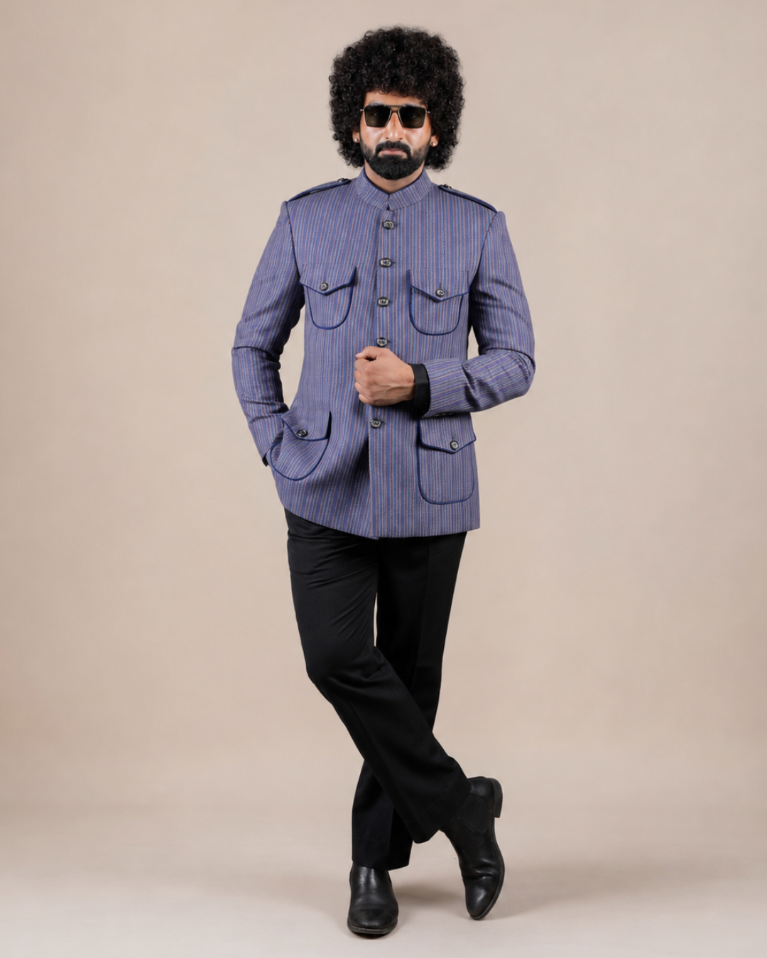 Blue Striped Wool Blend Hunting Coat