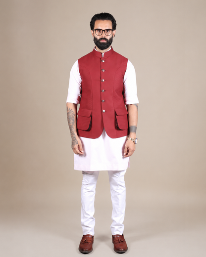 Red Quilted Cotton Nehru Jacket