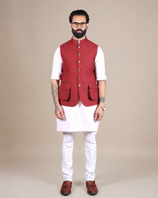 Red Quilted Cotton Nehru Jacket