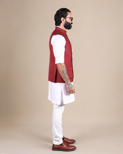 Red Quilted Cotton Nehru Jacket