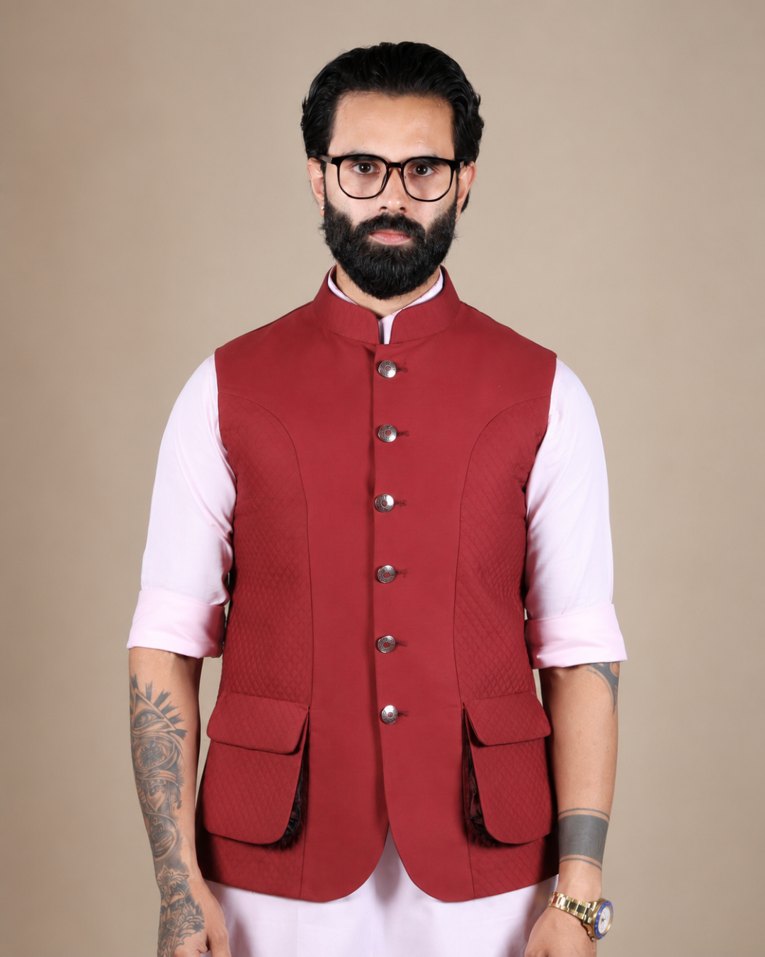 Red Quilted Cotton Nehru Jacket