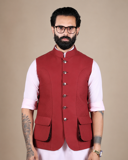 Red Quilted Cotton Nehru Jacket