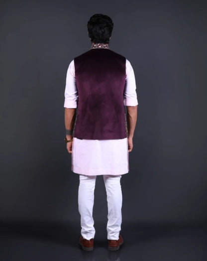 Wine Velvet Embroidered Nehru Jacket