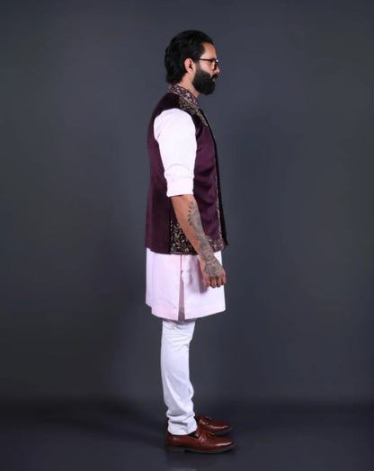 Wine Velvet Embroidered Nehru Jacket