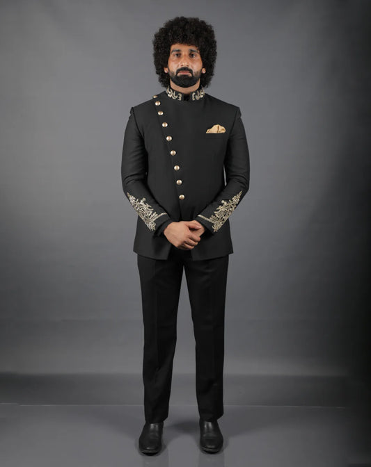 Black Embroidered Bandhgala Suit
