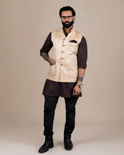 Golden Brocade Nehru Jacket Set
