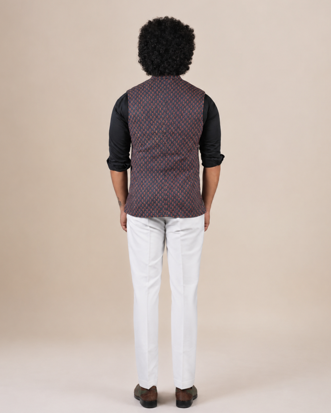 Dark Blue Floral Print Nehru Jacket