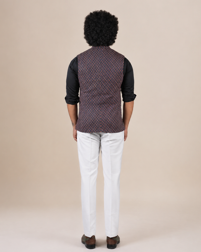Dark Blue Floral Print Nehru Jacket