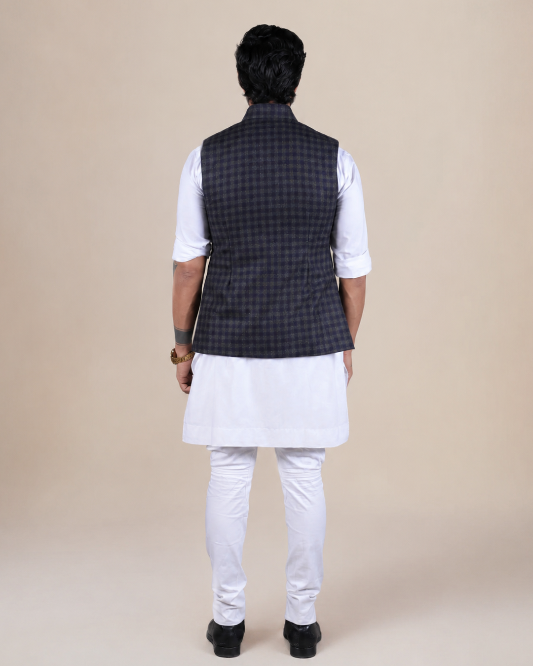 Navy & Green Checkered Nehru Jacket