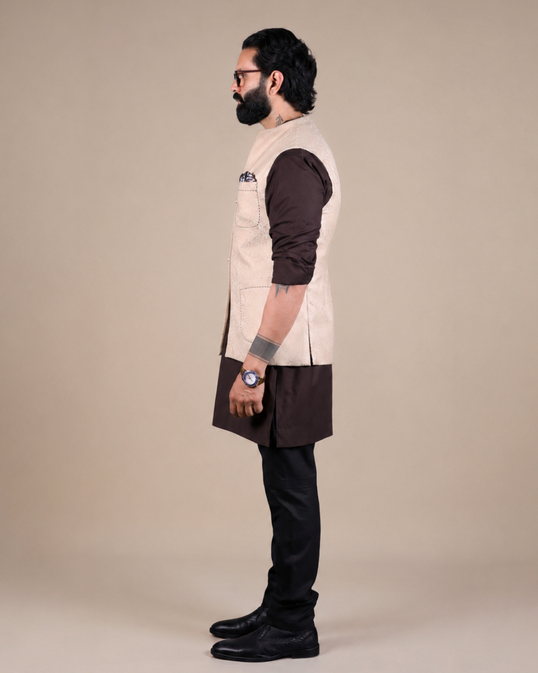 Cream Patterned Nehru Jacket