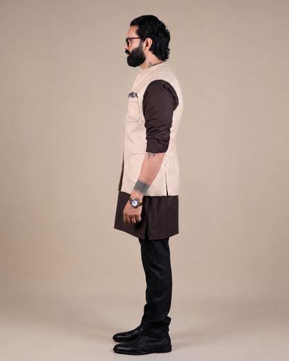 Cream Patterned Nehru Jacket