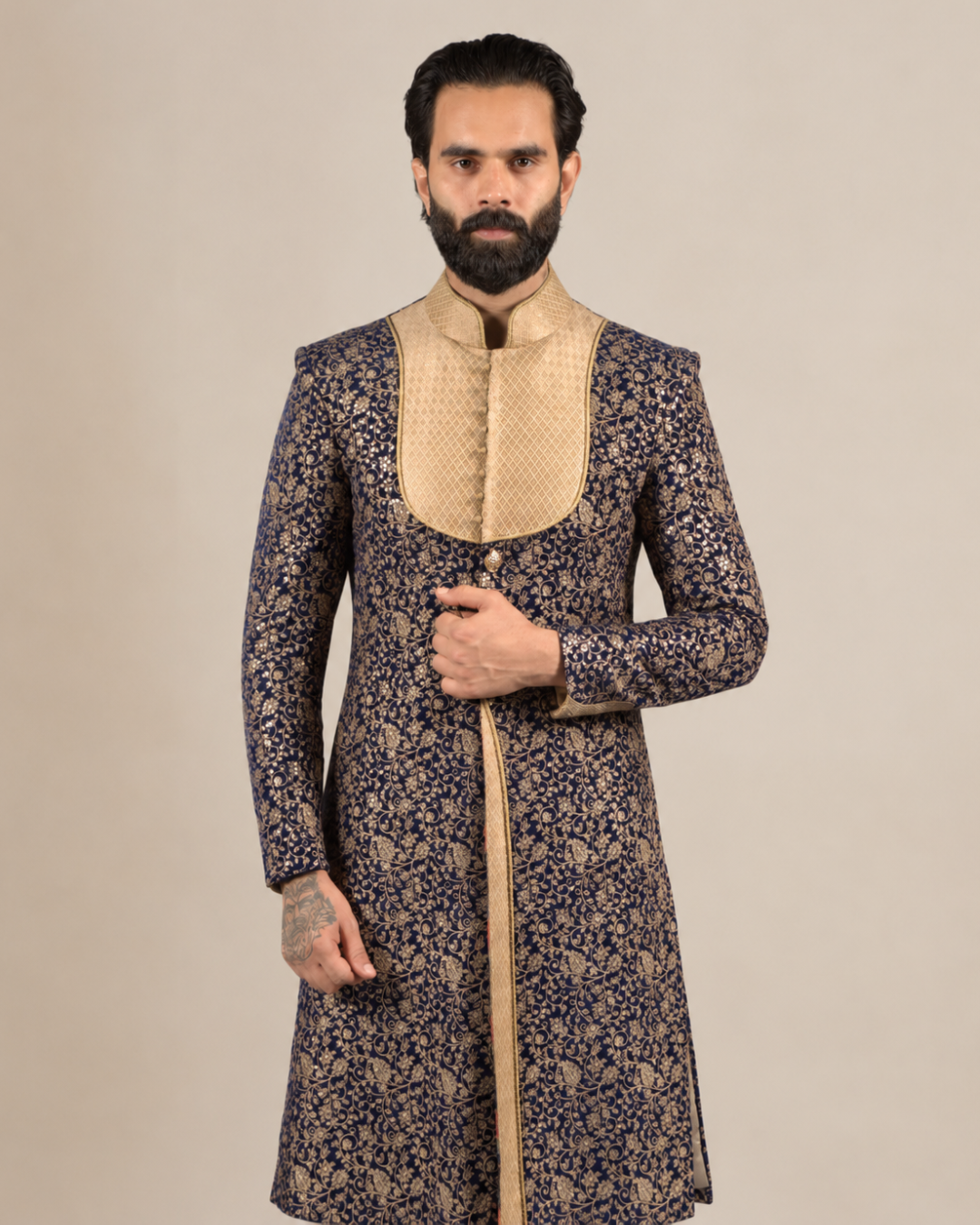 Navy Blue Gold Embroidered Sherwani