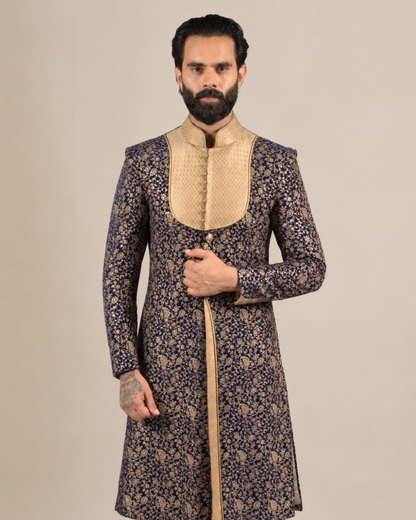 Navy Blue Gold Embroidered Sherwani