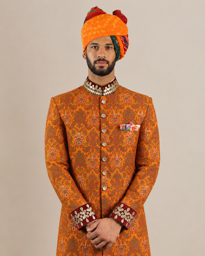 Orange Jacquard Silk Sherwani