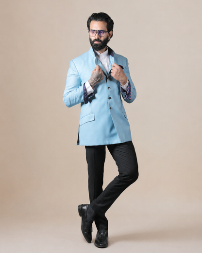Sky Blue Terry Wool Bandhgala Set