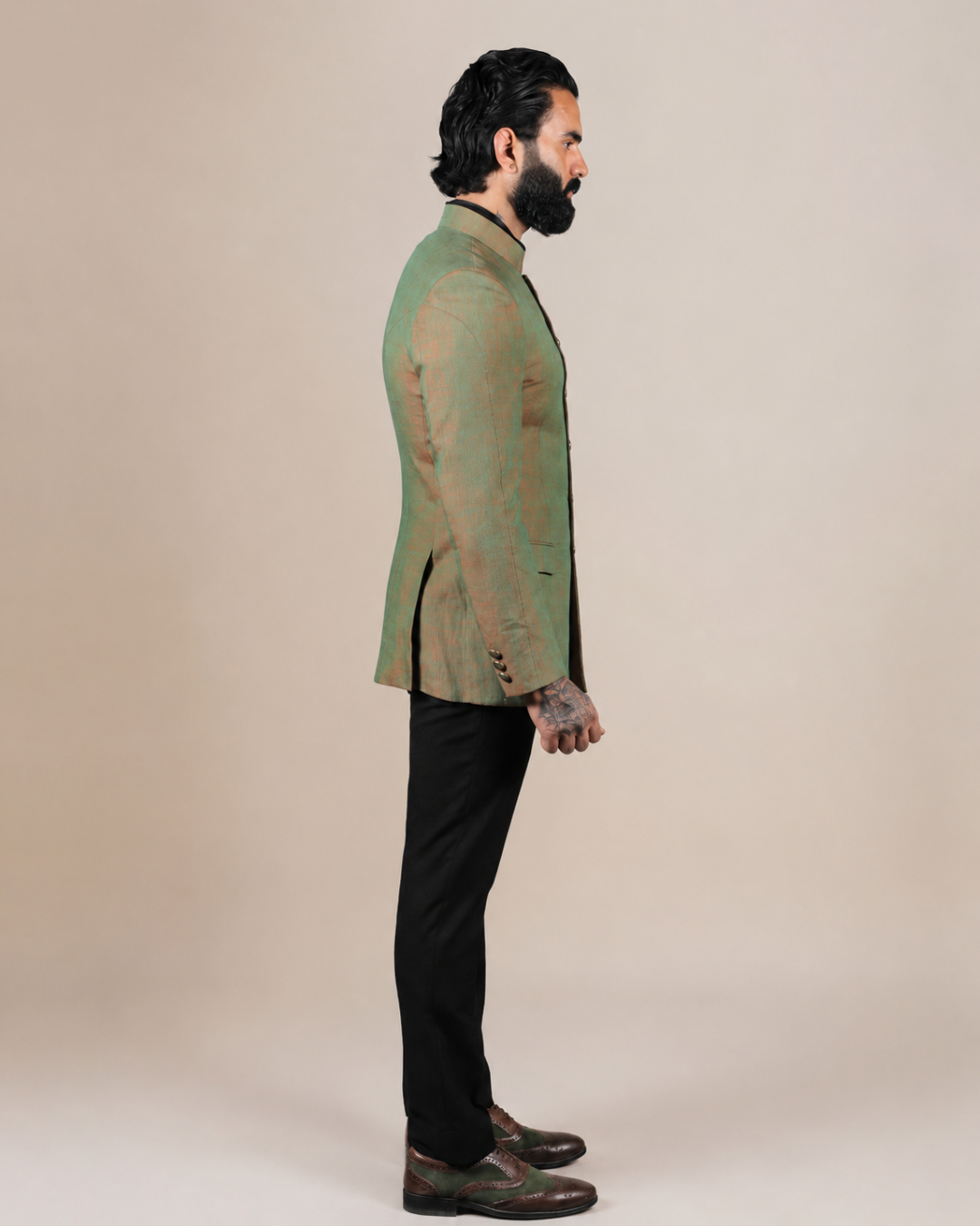 Olive Green Silk Blend Bandhgala