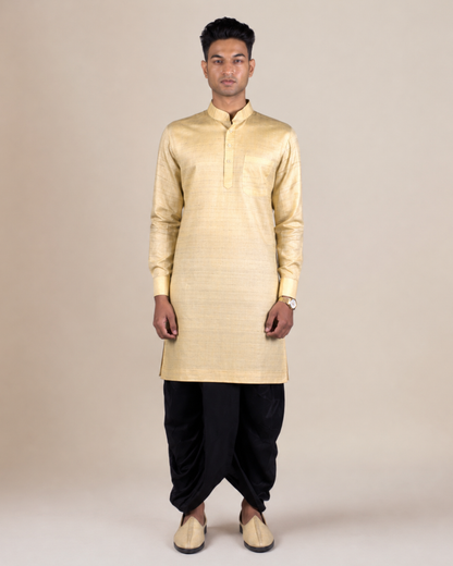Golden Khadi Silk Kurta with Black Dhoti Set