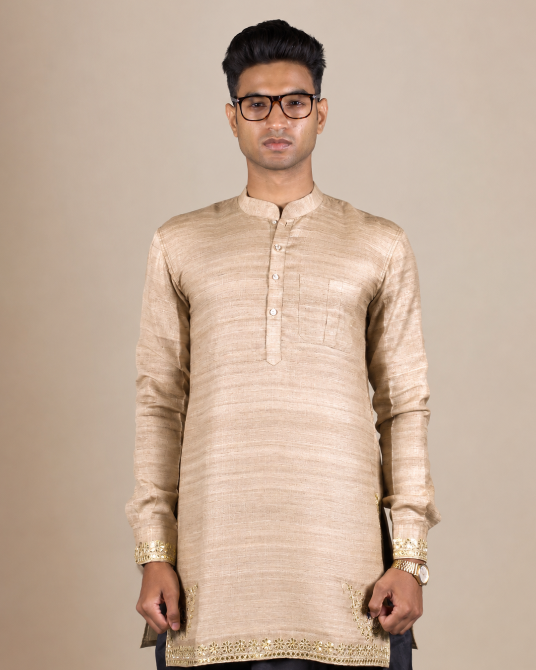 Beige Silk Kurta with Black Dhoti