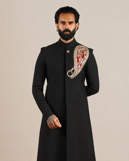 Black Embroidered Achkan Sherwani