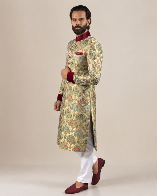 Regal Mint Green Banarasi Silk Floral Sherwani