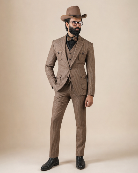 Brown Striped Woolen 3-Piece Suit