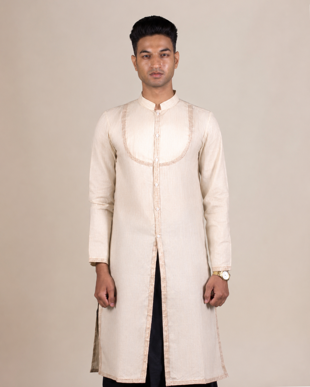 Beige Front Open Kurta Set