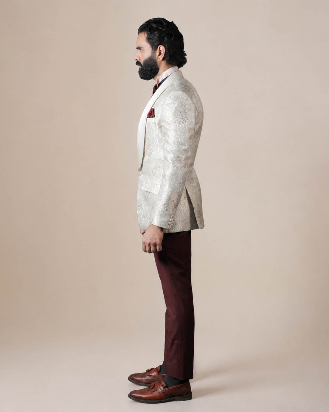 Cream Jacquard Tuxedo Suit