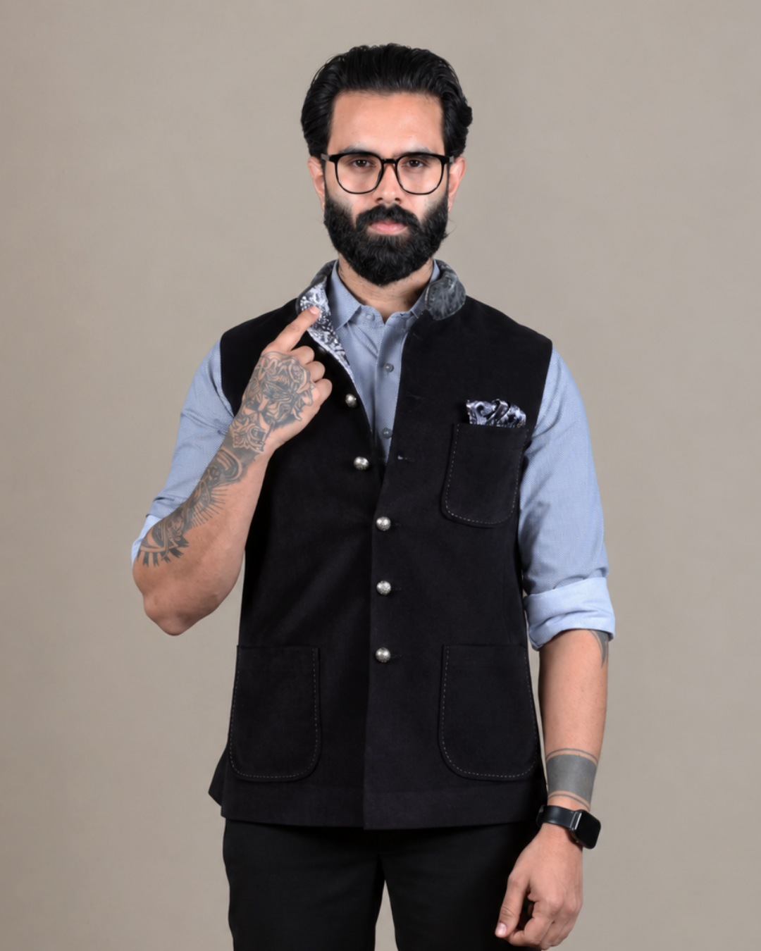 Black Nehru Jacket with Fur Collar
