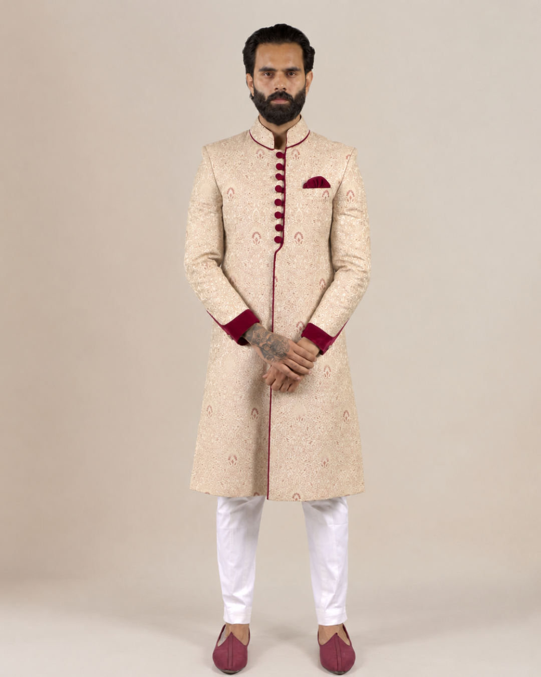 Cream & Maroon Brocade Sherwani Set