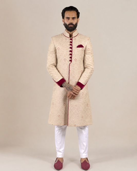 Cream & Maroon Brocade Sherwani Set