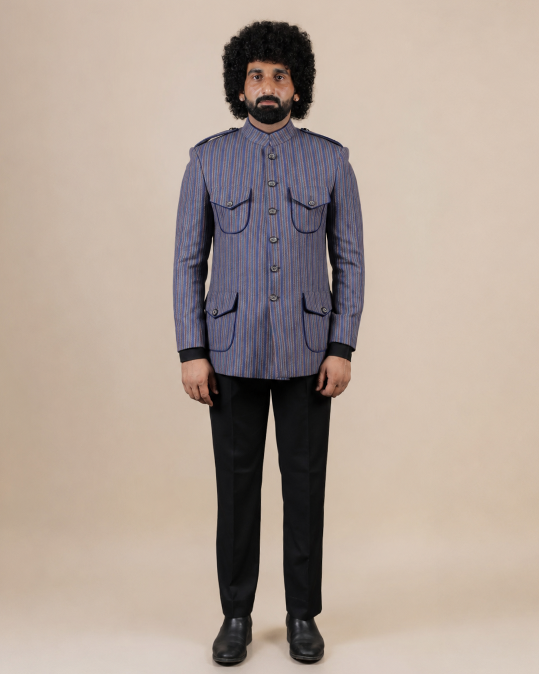 Blue Striped Wool Blend Hunting Coat