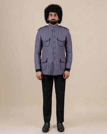 Blue Striped Wool Blend Hunting Coat
