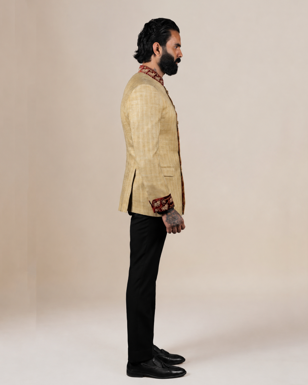 Beige Silk Blend Bandhgala Set
