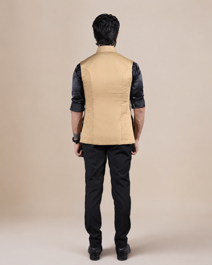 Beige Terry Wool Quilted Nehru Jacket