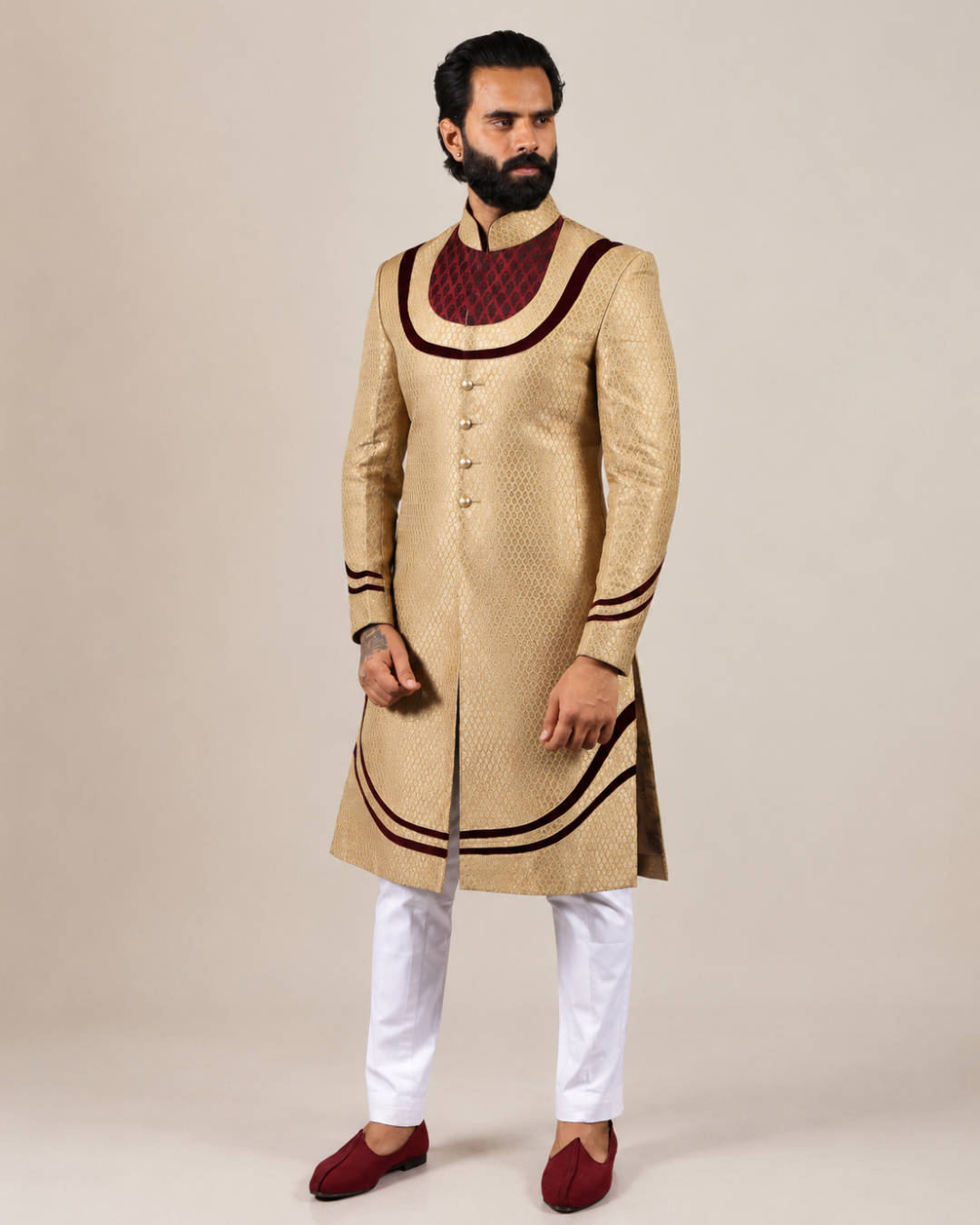 Golden Sherwani with Velvet Yoke Detailing