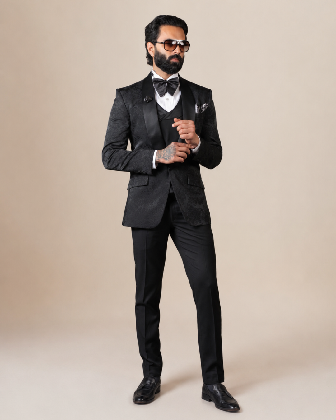 Black Floral Self Printed Suit