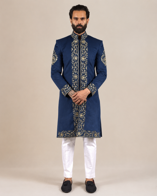 Indigo Velvet Embroidered Sherwani