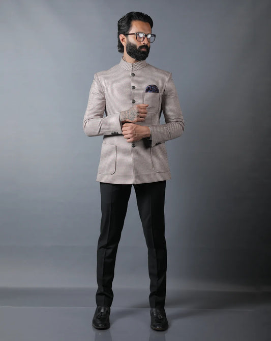 Beige Micro-Check Bandhgala