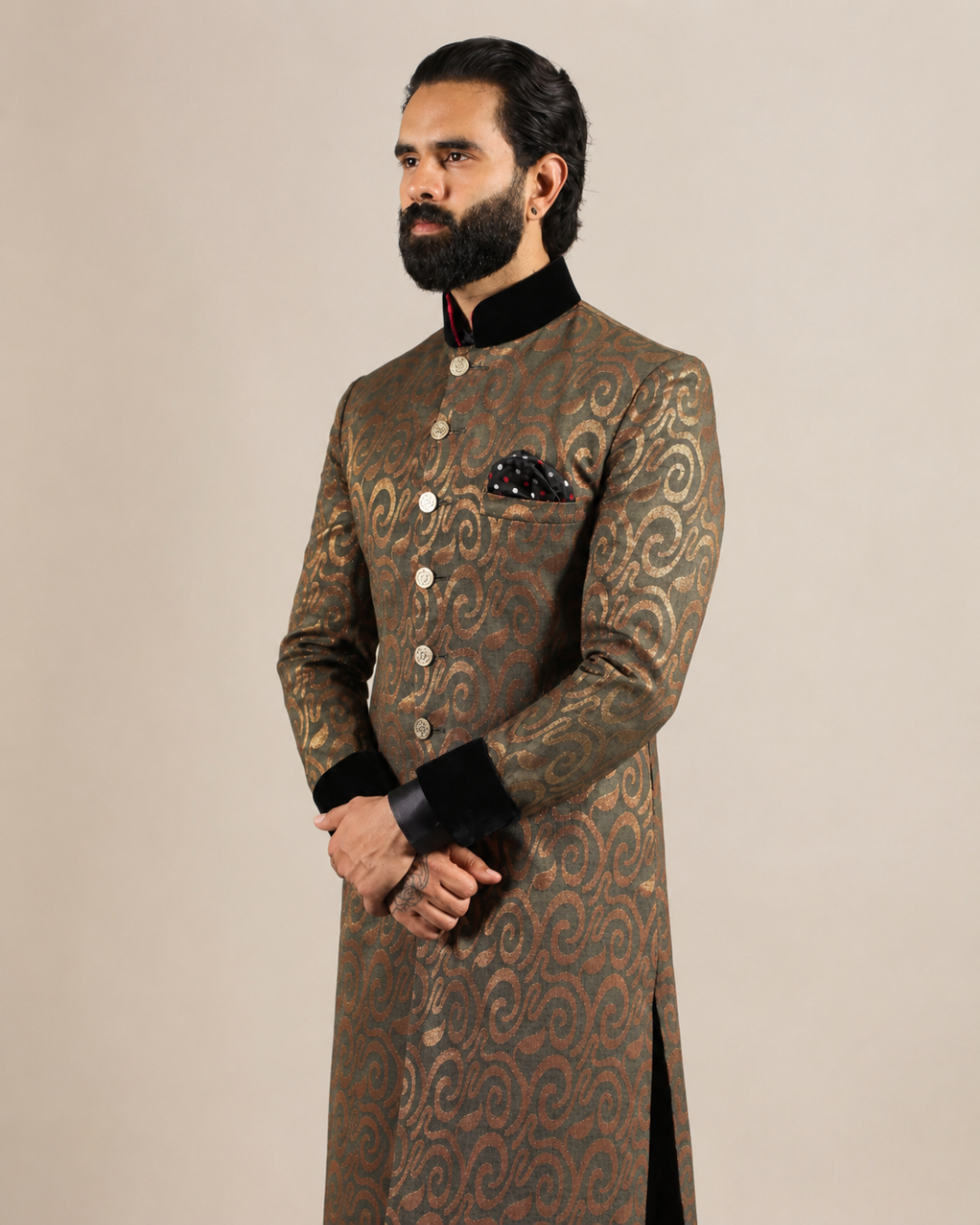 Brown Golden Brocade Sherwani