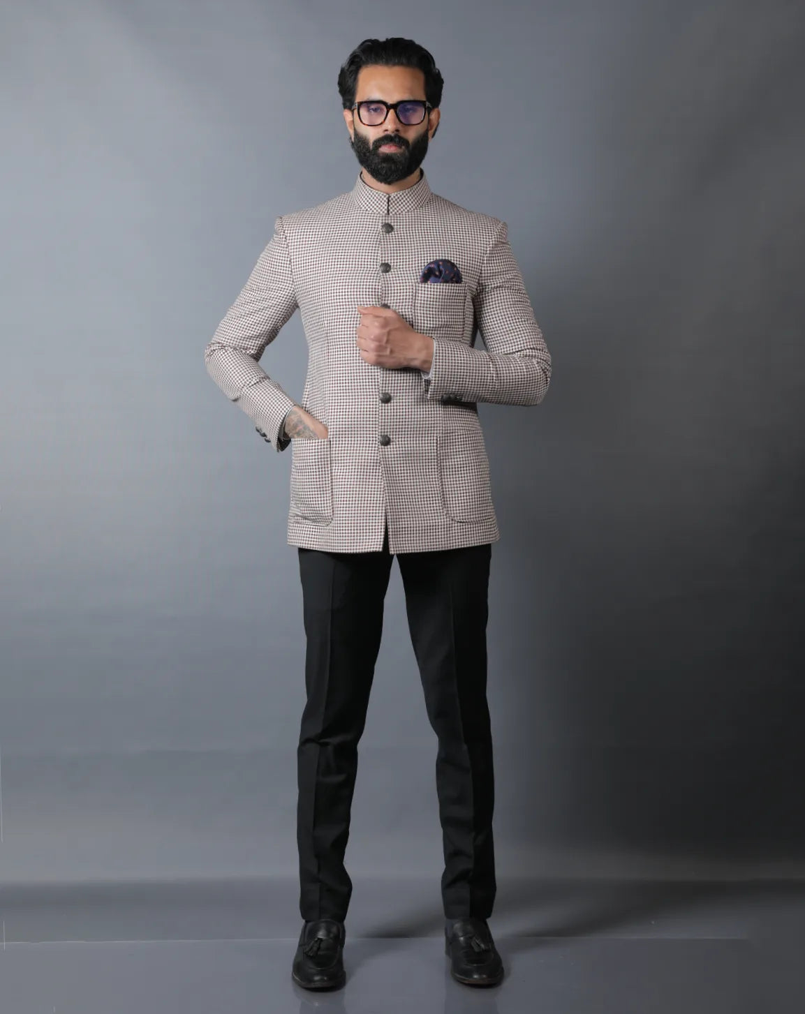 Beige Micro-Check Bandhgala Set