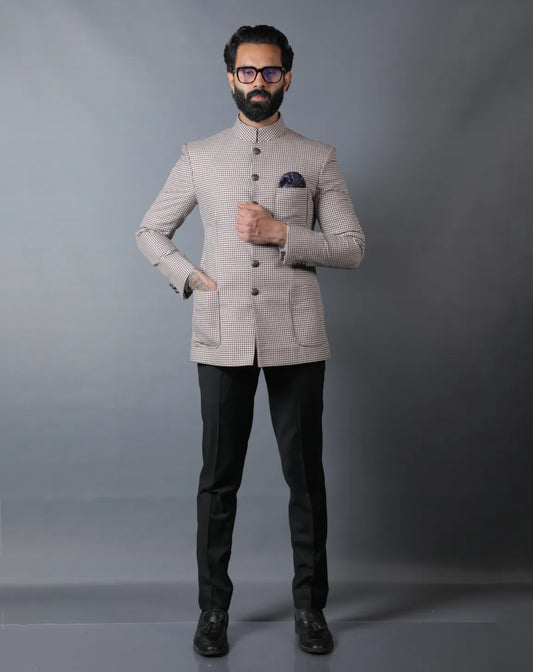 Beige Micro-Check Bandhgala