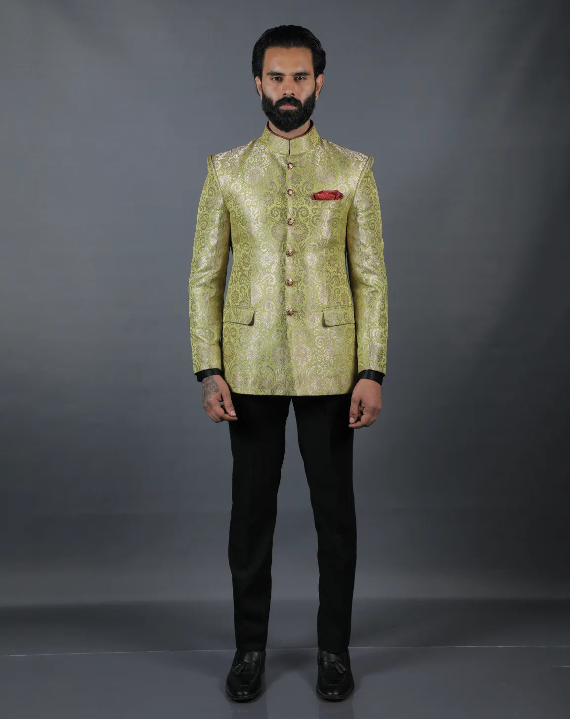 Lime Green Brocade Bandhgala Set