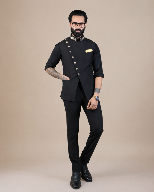 Black Asymmetric Nehru Jacket