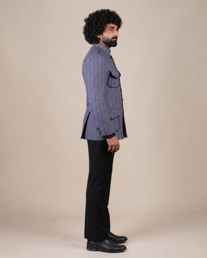 Blue Striped Wool Blend Hunting Coat