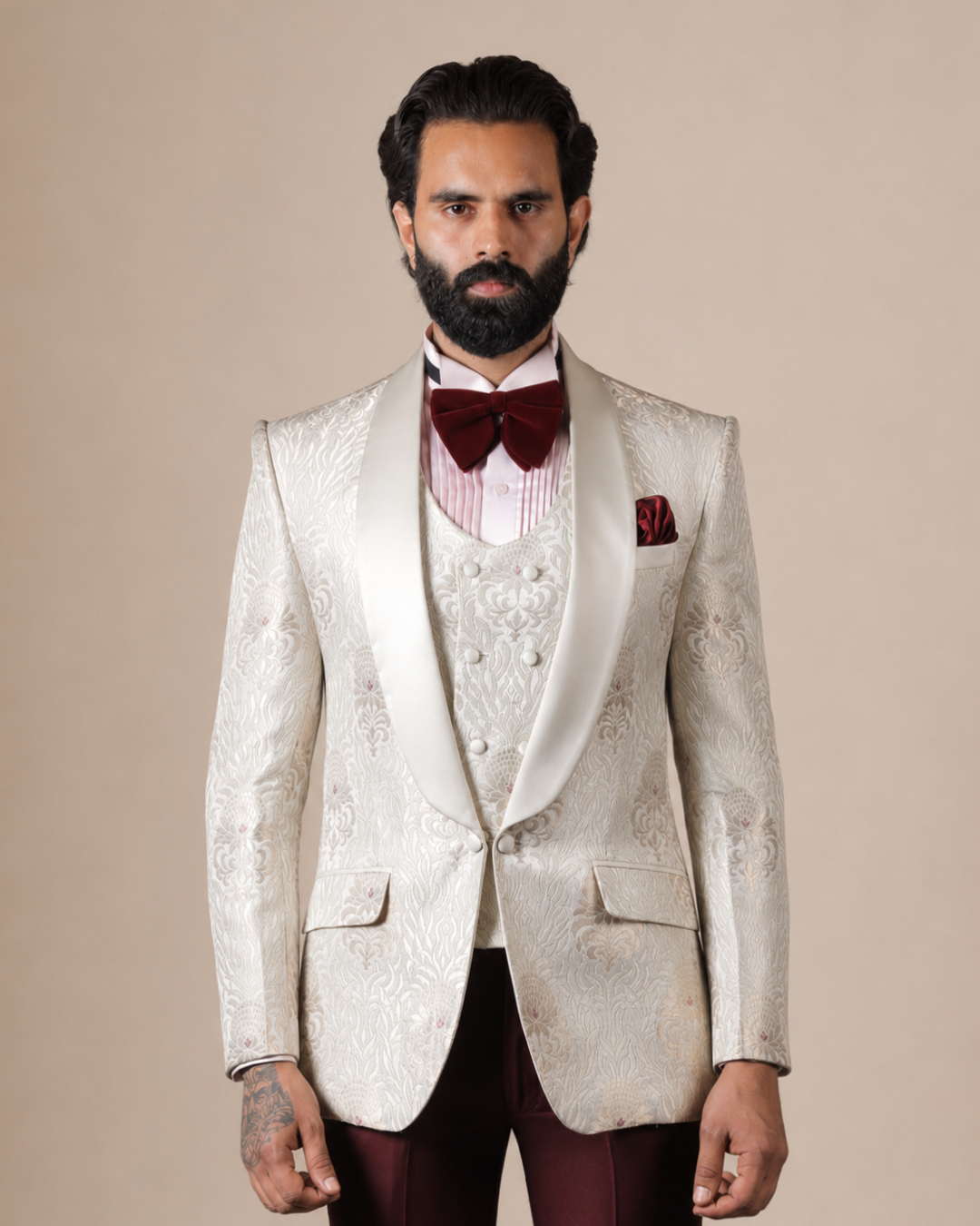 Cream Jacquard Tuxedo Suit