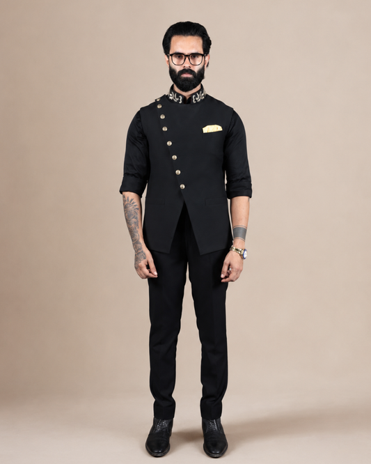 Black Asymmetric Nehru Jacket